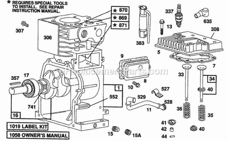 Cylinder Head Cylinder Diagram and Parts List for  Briggs and Stratton Engine